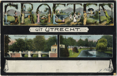 129227 Collage van twee gezichten te Utrecht op een Groeten uit Utrecht prentbriefkaart:- Tolsteegbrug (cat.nr. 2273)- ...