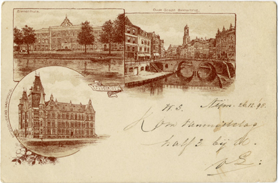 129265 Collage van gezichten te Utrecht:- Algemeen Ziekenhuis (Catharijnesingel 15)- Oudegracht bij de Bakkerbrug- ...