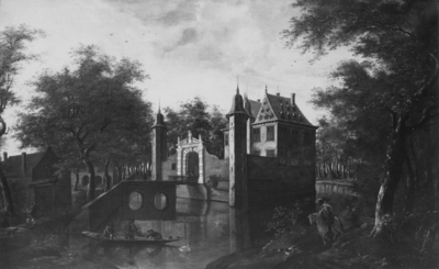 128334 Gezicht op het omgrachte kasteel Voorn te De Meern (gemeente Vleuten-De Meern), met het ommuurde voorplein met ...