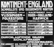 167085 Afbeelding van een (duitstalig) affiche van Kontinent-England voor treinen tussen Frankfurt en London v.v. (via ...