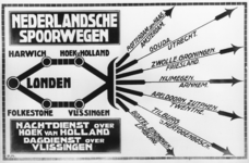 167086 Afbeelding van een affiche voor treinen van London naar diverse Nederlandse bestemmingen via Harwich - Hoek van ...