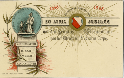 129376 Afbeelding van een jubileumkaart, uitgegeven ter gelegenheid van het 50-jarig jubileum van de Senatus ...