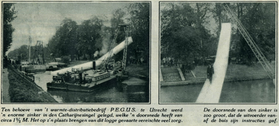 350075 Afbeeldingen van het leggen van een zinker van de P.E.G.U.S. in de Stadsbuitengracht te Utrecht, ten behoeve van ...