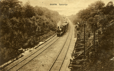 170019 Gezicht in de ingraving voor de spoorlijn nabij Baarn, met een naderende goederentrein.