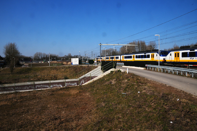 827954 Gezicht op de spoorlijn Utrecht-Arnhem te Utrecht, ter hoogte van Tussen de Rails, met een passerende Sprinter ...