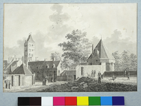 36656 Gezicht vanaf de stadswal te Utrecht in de Wolvenstraat met rechts de toren de Vos en op de achtergrond de Plompetoren.