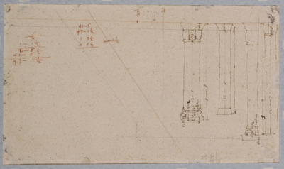 28613 Opmetingstekening van drie halfzuilen en een pilaster van de Mariakerk te Utrecht.