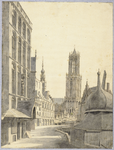 28593 Gezicht op de Stadhuisbrug te Utrecht met links het huis Keyserrijk, in het midden het stadhuis (Groot ...