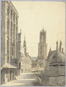 28593 Gezicht op de Stadhuisbrug te Utrecht met links het huis Keyserrijk, in het midden het stadhuis (Groot ...
