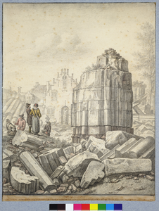 28637 Gezicht op de ruïne van het schip van de Domkerk te Utrecht uit het zuiden: de door de tornado omgedraaide vierde ...