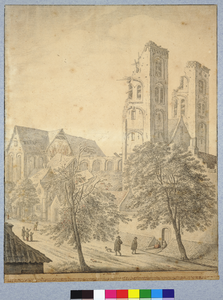 28644 Gezicht op de Pieterskerk te Utrecht uit het noordwesten. De kerk is zwaar beschadigd door de tornado van ...