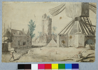 36354 Gezicht boven op de wal te Utrecht uit het westen, met rechts een gedeelte van de molen De Sprokkel op het ...