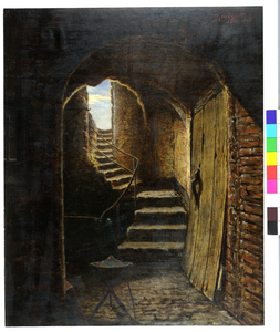 30949 Gezicht op een trap in het noordwestelijke bastion van kasteel Vredenburg te Utrecht. De opening op de ...