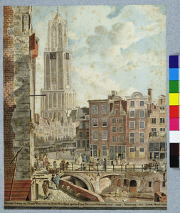 30406 Gezicht op de Oudegracht te Utrecht bij de Stadhuisbrug, uit het noorden, met links de hoek van het huis ...
