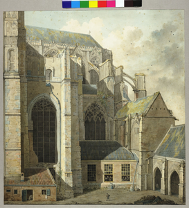 28668 Gezicht op een gedeelte van de Domkerk te Utrecht: het koor met daarvoor het stovenhok en de kerkeraadskamer en ...