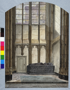 31090 Interieur van de Domkerk te Utrecht: de kapel van bisschop Guy van Avennes met zijn graftombe en links de deur ...