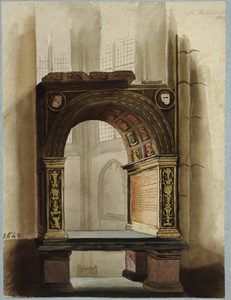 31075 Interieur van de Domkerk te Utrecht: gezicht vanuit het koor op de cenotaaf van bisschop George van Egmond en op ...