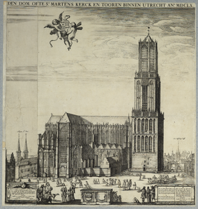 28656 Gezicht op de Domkerk en het Domkerkhof te Utrecht uit het noordwesten, met links het hoekhuis van de ...