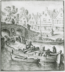 35484 Afbeelding van enkele schepen in de Vaartsche Rijn bij de uitmonding in de stadsbuitengracht te Utrecht bij de ...
