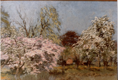 546; Foto van een schilderij, getiteld Bloeiende boomgaard van Folkert Post