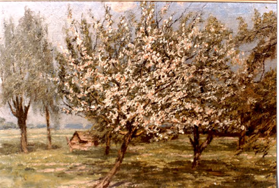 549; Foto van een schilderij, getiteld Bloeiende boomgaard met varkenshok van Folkert Post