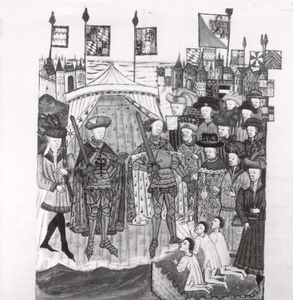 553; Foto van een miniatuur uit omstreeks 1450 voorstellende de overgave van de stad Utrecht in 1345.