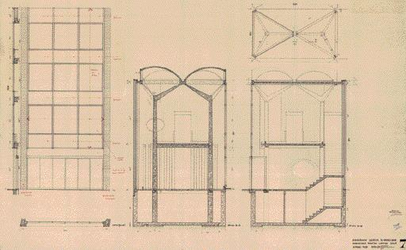 507-0007 La Veneziana, gevelstudie en doorsnede met principe van skeletconstructie en schaaldak, ca. 1963