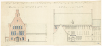 108 Uitbreiding Raadhuis te Waalwijk (schetsplan) /Gevel aan de Grootestraat; gevel aan het plein, 1961