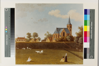 BAA004 Anonieme schildering. Op de Winterdijk is vermoedelijk dominee Leemans, op de voorgrond zijn vrouw en dochters ...