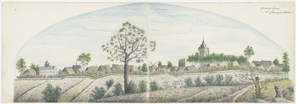 SPR006 Panorama van het dorp Sprang met de Nederlands Hervormde kerk getekend door een onbekend tekenaar. De tekeningen ...