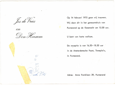 CMO10202-002 Trouwkaart Jos de Vries en Don Hoexem14 februari 1975