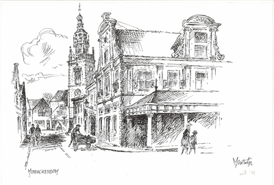 CMO00400-227 Straatbeeld Monnickendam met zicht op de Middendam met rechts de Waag en in het midden de Speeltoren op ...