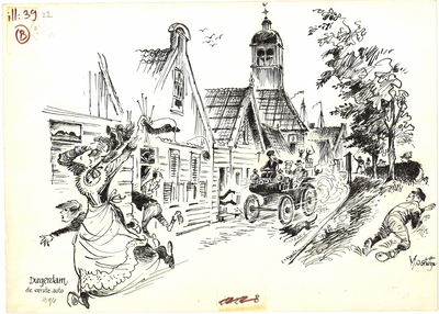 CMO00400-318 Historisch beeld van de eerste auto in Durgerdam met vluchtende mensen