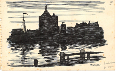 CMO00400-439 Silhouet van haven met de Dromedaris in Enkhuizen, illustratie bij artikel Door het land van Radbout.... ...