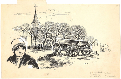 CMO00400-501 Urkse met boerenwagen in UrkIllustratie bij een krantenartikel onder de titel Urk, de hoeksteen van de ...