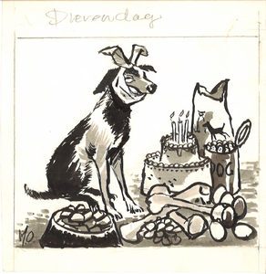 CMO11101-009 Illustratie bij gedicht van LandmanHond met kiespijn voor een taart met kaarsen