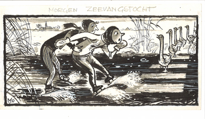 CMO11401-221 Twee schaatser 'remmen' voor overstekende zwanen op zebrapad.