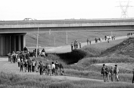 RJ000000628 De jaarlijkse avondvierdaagse gaat dit keer onder het nieuwe viaduct van Rijksweg 7 in de Wijdewormer door. ...