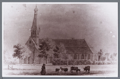 WAT002002705 Afbeelding van de Nederlands-hervormde Kerk te Jisp.Informatie:Vlak na een grote brand in 1542 waarbij de ...