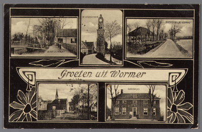 WAT002001517 Groeten uit Wormer, De Dorpsstraat, de beschuittoren, boerderij ''De Schans'' en het oude raadhuis.