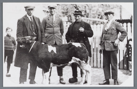 WAT002001852 Markt te Purmerend; links is Teun Koomen Jz.(geboren in 1892), Arie koomen Cz, Willem Vink jz., en een ...