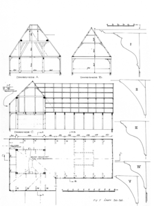 CKB-055-BriW-Laan-30-36 Opmeting bestaande toestand, plattegrond, doorsnedes, houtconstructies en balklagen, korbelen