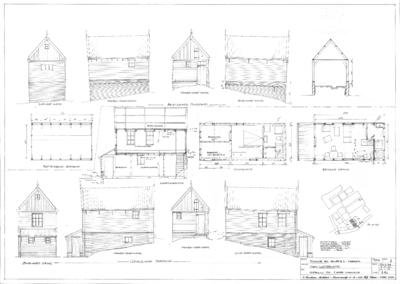 CKB-333-Mk-Buurt-II-2 Verbouwingsplan schuur tot éénpersoons woonhuis, Gevels bestaande en nieuwe toestand, Plattegrond ...