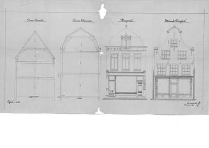 388 Voorgevel bestaande en nieuwe toestand, 2 dwarsdoorsneden.