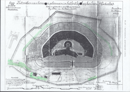 104 Fort Spijkerboor, situatie tekeningen van het bestek maken bomvrije gebouwen, op een is aangegeven de beplanting ...