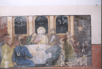 329 Het Laatse Avondmaal, wandschildering in de kapel van het fort geschilderd door een N.S.B. geinterneerde
