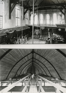 OVI-00001341 twee foto's interieur NHkerk tijdens restauratie; oa plafond