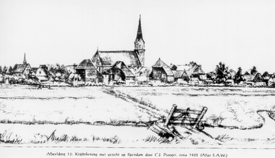 OVI-00002302 foto van tekening van C.J.Pranger. zicht op achterzijde Kerkstr. en de Noord met de NHkerk. gezien vanaf ...