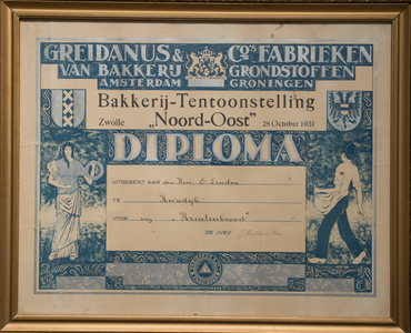 WAT120002290 OQ Dorpsbeelden/OQ D0947 - Diploma Bakkerij-Tentoonstelling Noord-Oost, 28 okt. 1931, Zwolle. Diploma voor ...