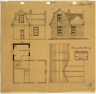 33_TT00035 Bouwtekening van gevel, doorsnede, plattegrond en kapplan van een te verbouwen sluiswachterswoning in Monnickendam